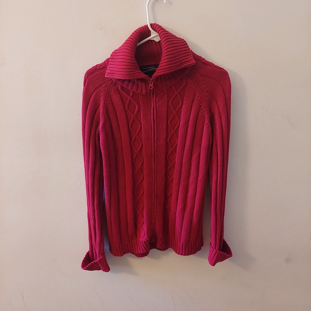 Red knit zip up sweater